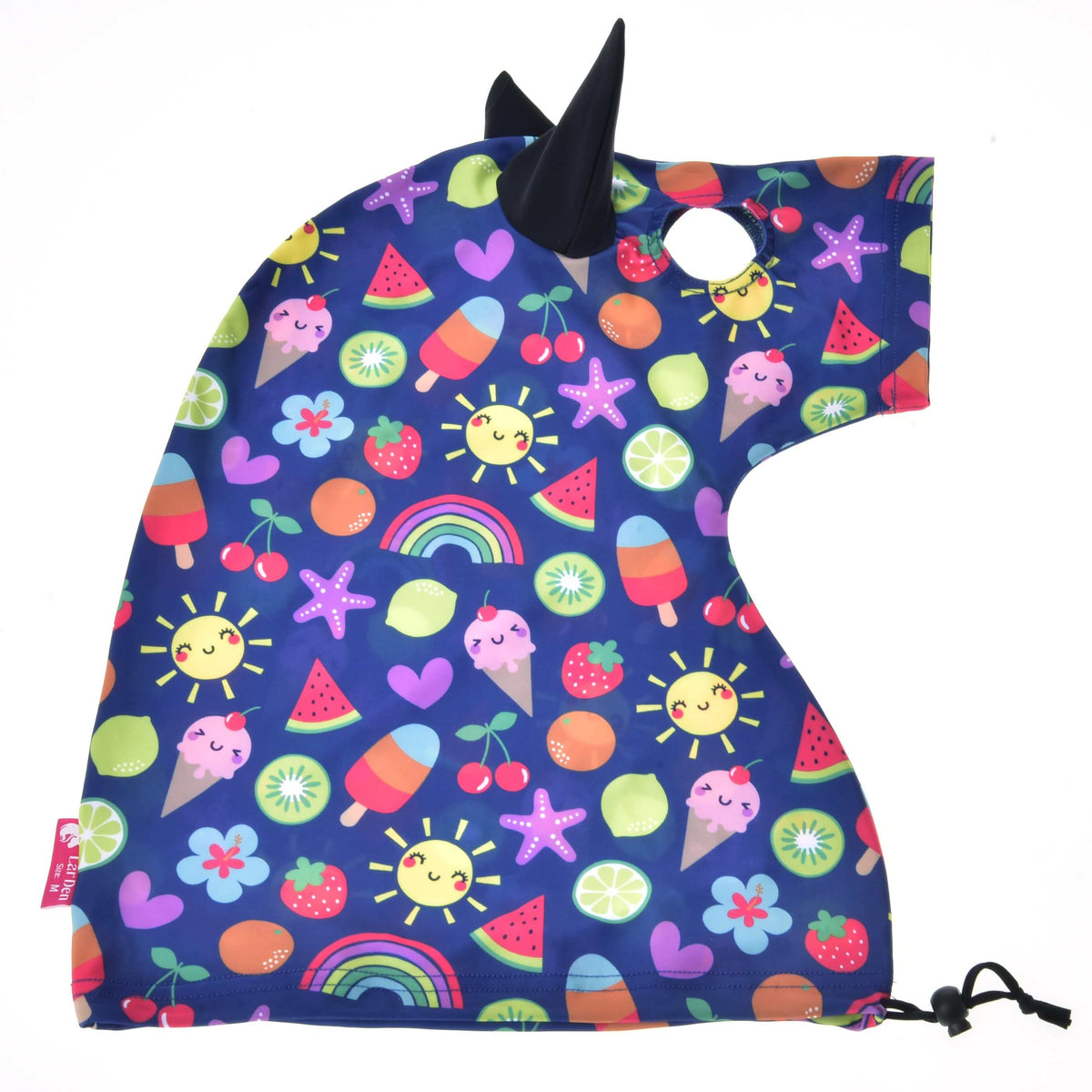 The Hobby Horse LarDen Hobby Horse protective suit Happiness is a colorful unicorn-shaped hood with a black horn, featuring cheerful fruit, rainbow, sun, ice cream, and star patterns on dark blue fabric and a drawstring at the bottom.