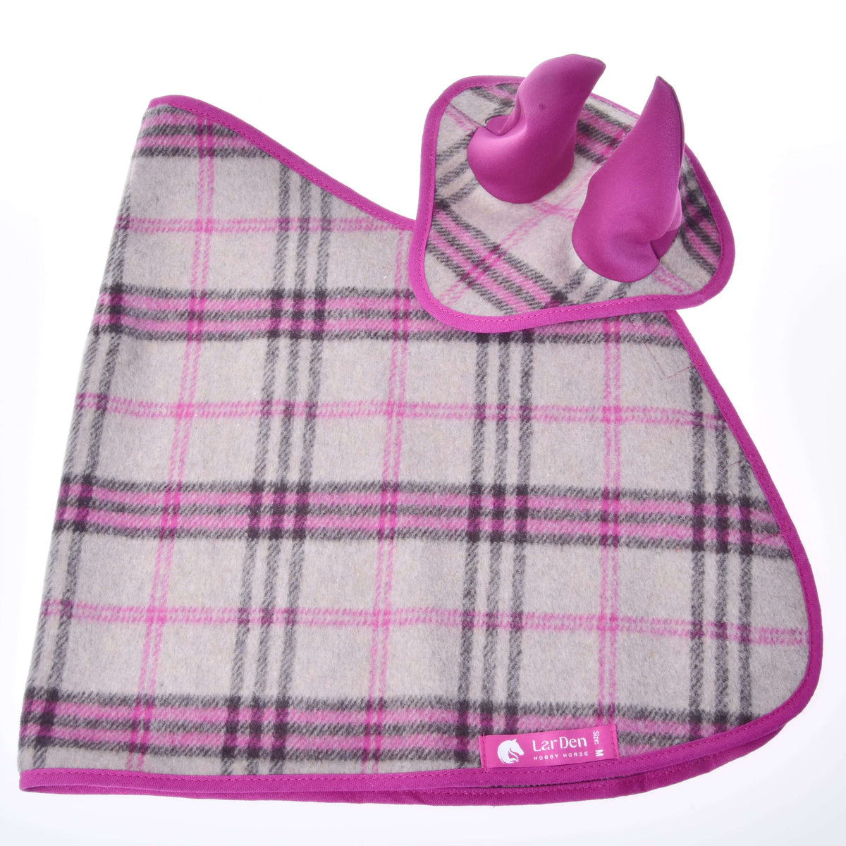 The Hobby Horse LarDen Set Cube Pink features a pink and gray plaid quarter sheet with matching fleece saddle covers, all edged in pink trim—a stylish set for your hobby horse, shown on a white background.