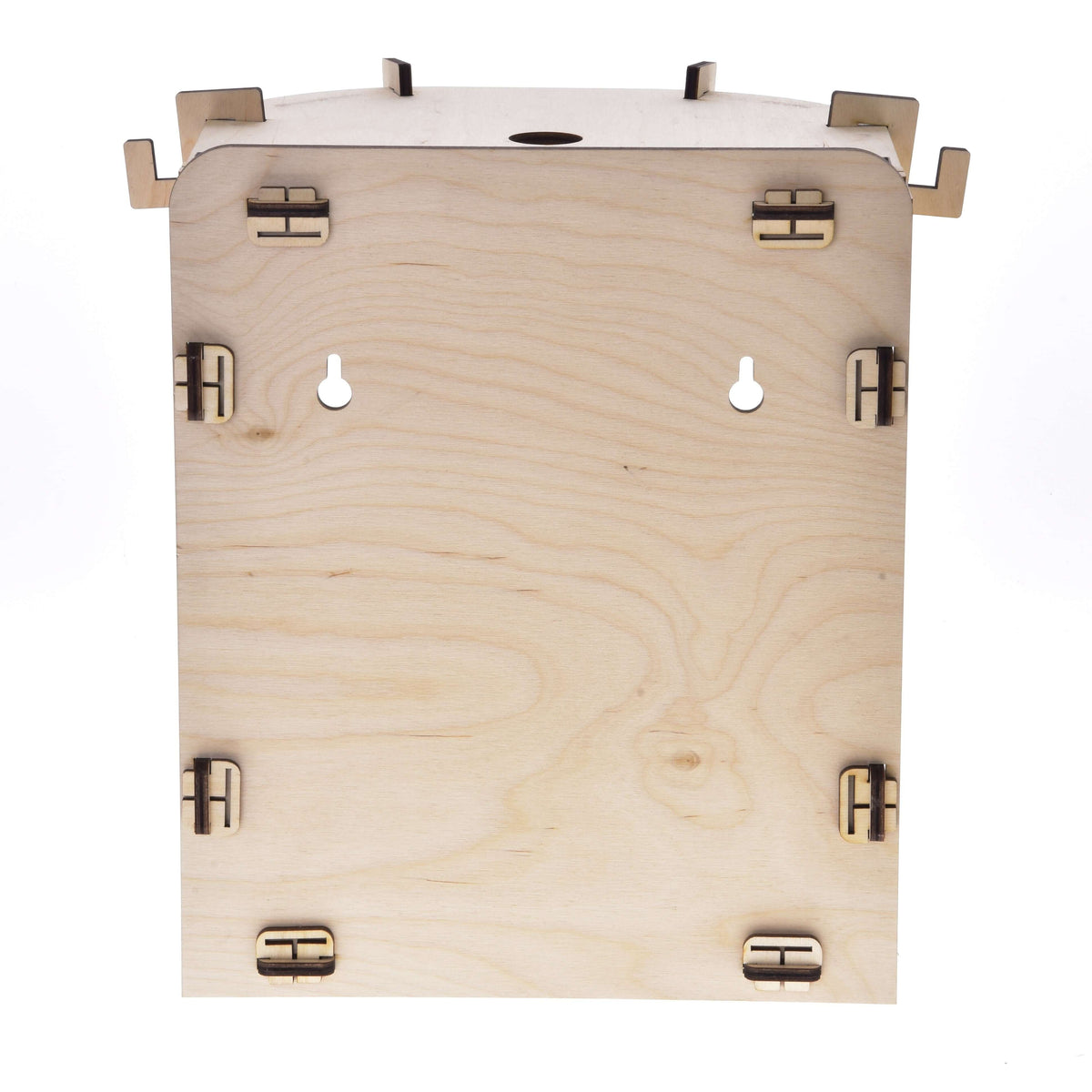The Hobby Horse LarDen Small Hobby Horse Stable is a wooden box with a flat front, two keyhole slots for wall mounting, and visible interlocking edge joints. Its light, smooth grain makes it perfect for storing or displaying hobby horses.
