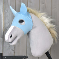 The Hobby Horse LarDen "Horse Mask Sky" is a light gray plush hobby horse with a white mane, light blue fabric bridle, black stick handle, and washable mask, shown against a wooden panel background.