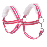 The Halter red stripe with fur by Hobby Horse LarDen features red-striped fabric, soft faux fur padding on the top straps, silver metal rings, and adjustable buckles—ideal as a cozy hobby horse accessory or playful halter. Shown on a white background.