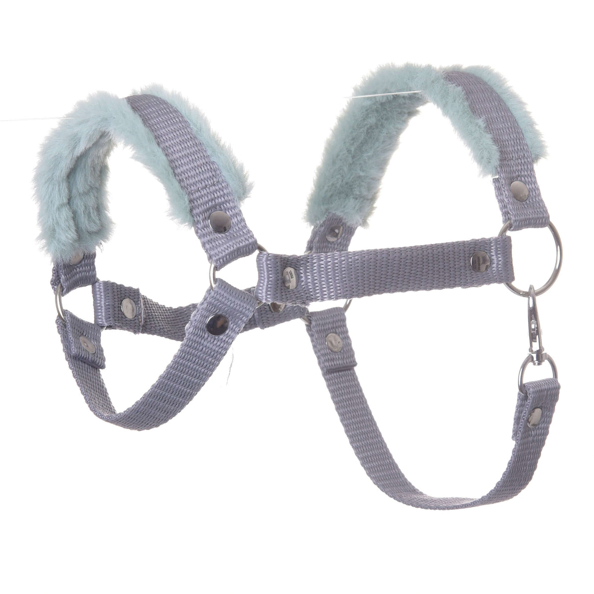 Hobby Horse Halter grey with mint fur by LarDen in grey nylon webbing with soft mint fur, silver rings and a snap hook