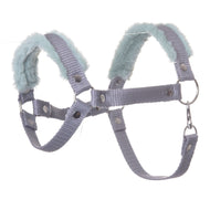 The Halter grey with mint fur by Hobby Horse LarDen is a nylon accessory with soft mint faux fur, adjustable straps, metal rings, and snap buttons—ideal as a hobby horse halter or animal harness.
