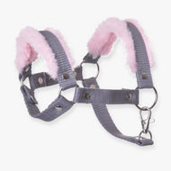 The Halter grey with pink fur by Hobby Horse LarDen features metal buckles and rings, soft pink faux fur lining on the straps, and is isolated on a white background—ideal as a stylish horse or Hobby Horse accessory.