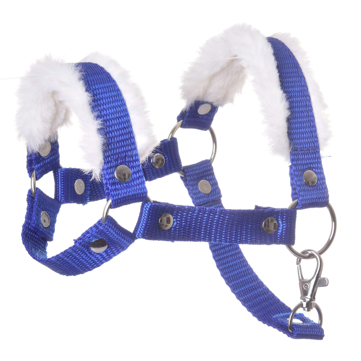 The Hobby Horse LarDen Halter blue with fur is a blue nylon harness, ideal as a hobby horse accessory, featuring metal rings, snap fasteners, and soft white faux fur padding on the straps.