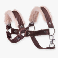 The Halter brown with fur by Hobby Horse LarDen features metal rings, a clasp, and soft beige fleece padding inside for extra comfort—a must-have accessory for any hobby horse collection.