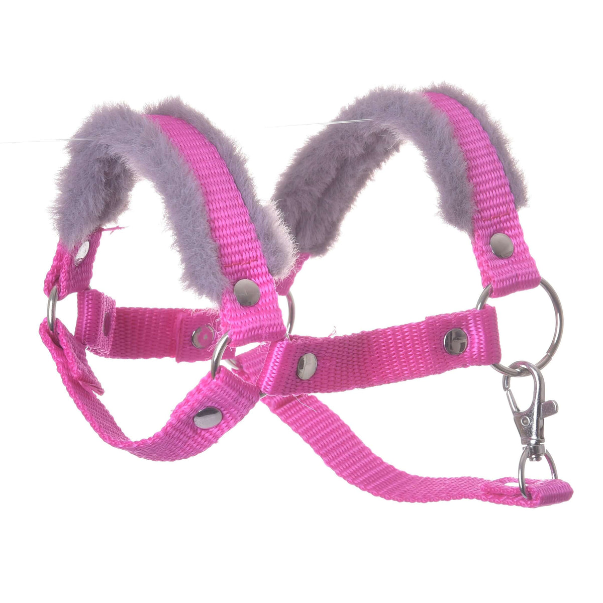 The Halter pink with fur by Hobby Horse LarDen is a nylon hobby horse accessory with adjustable straps, silver metal rings, snap fasteners, and soft gray inner padding, shown against a white background.