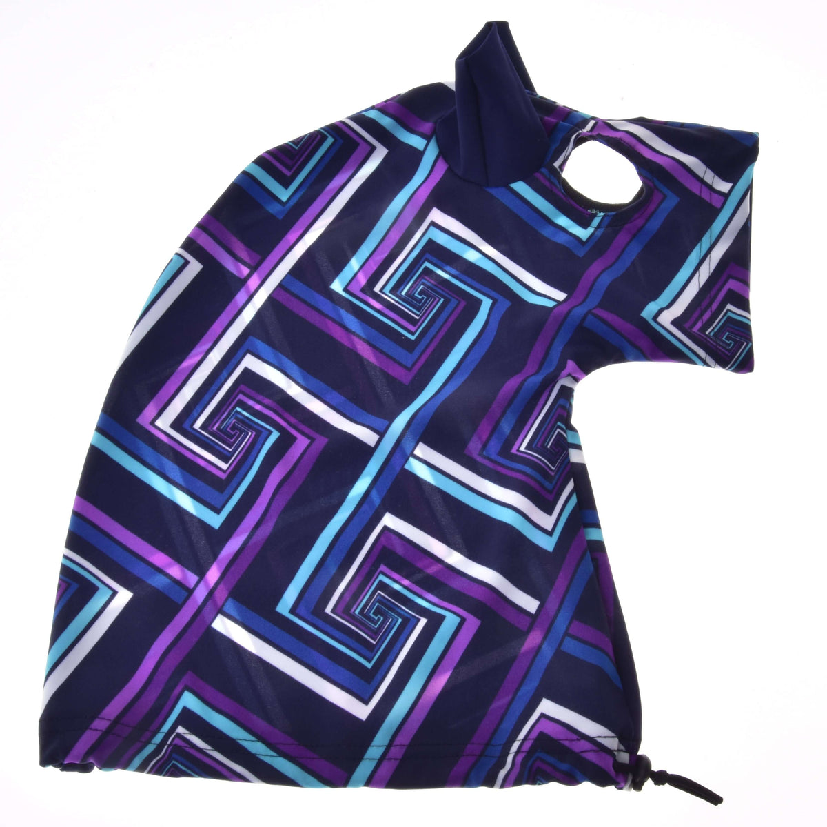 Hobby Horse protective suit blue (Lycra) laid flat, showing the eye opening, navy ear and the drawstring at the bottom