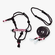 Hobby Horse Rope set York by LarDen, brown paracord halter and lead with red accents and metal clips