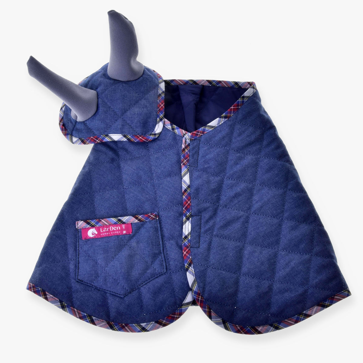 The Set Jeans by Hobby Horse LarDen is a stylish dog jacket with plaid trim, featuring a small pocket and a matching headpiece—ideal for playful pet costumes or coordinating with an ear bonnet set.