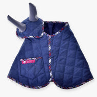 The Set Jeans by Hobby Horse LarDen is a stylish dog jacket with plaid trim, featuring a small pocket and a matching headpiece—ideal for playful pet costumes or coordinating with an ear bonnet set.