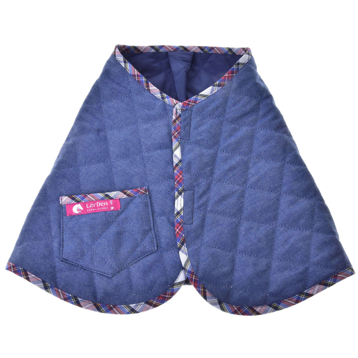 The Set Jeans by Hobby Horse LarDen is a blue quilted pet cape with plaid trim, front button closure, and a left-side pocket with a pink label—ideal as a playful horse accessory or to match your Hobby Horse blanket and ear bonnet set.