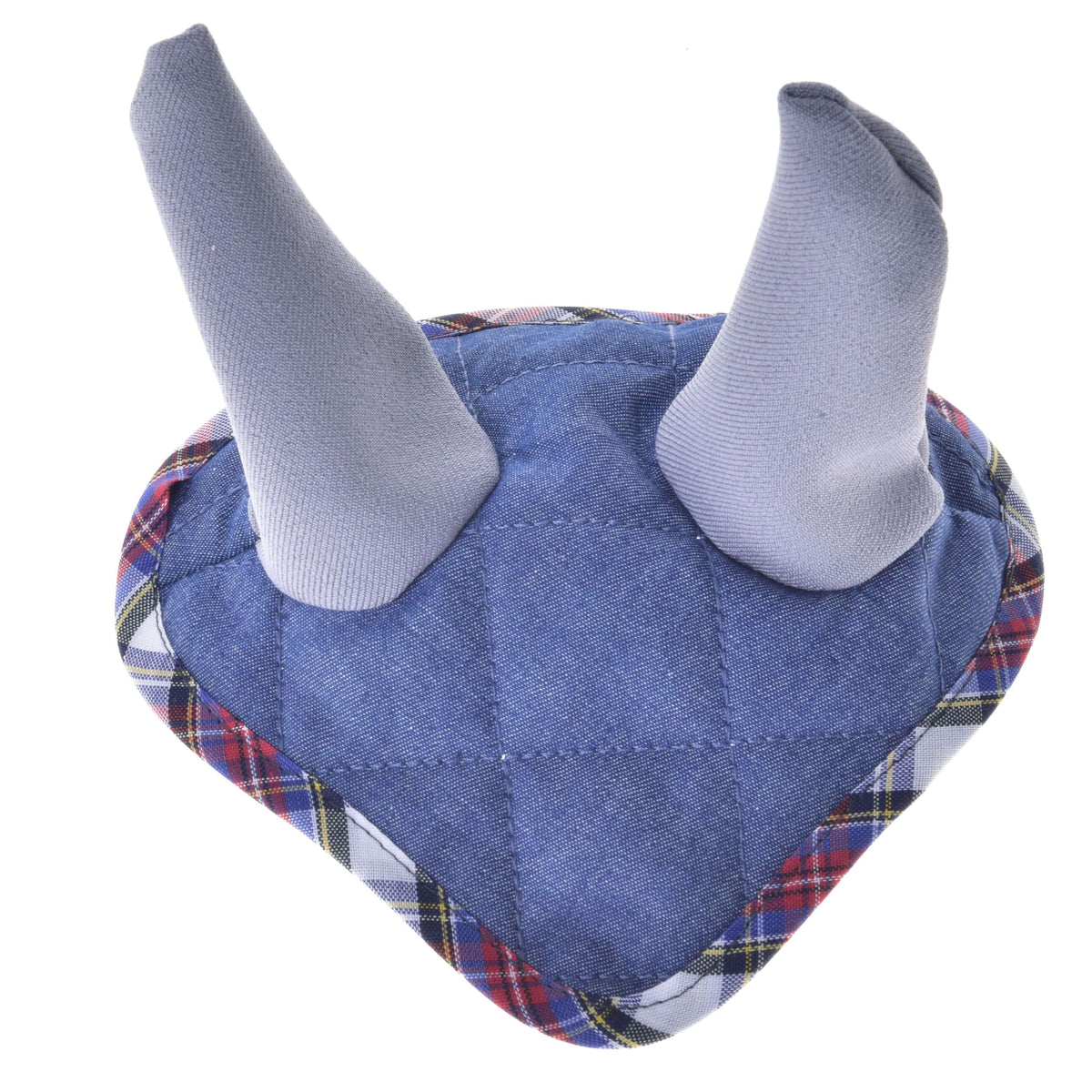The Hobby Horse LarDen Set Jeans is a playful horse decoration made of blue quilted fabric with two gray horns and a plaid border, photographed on a white background.