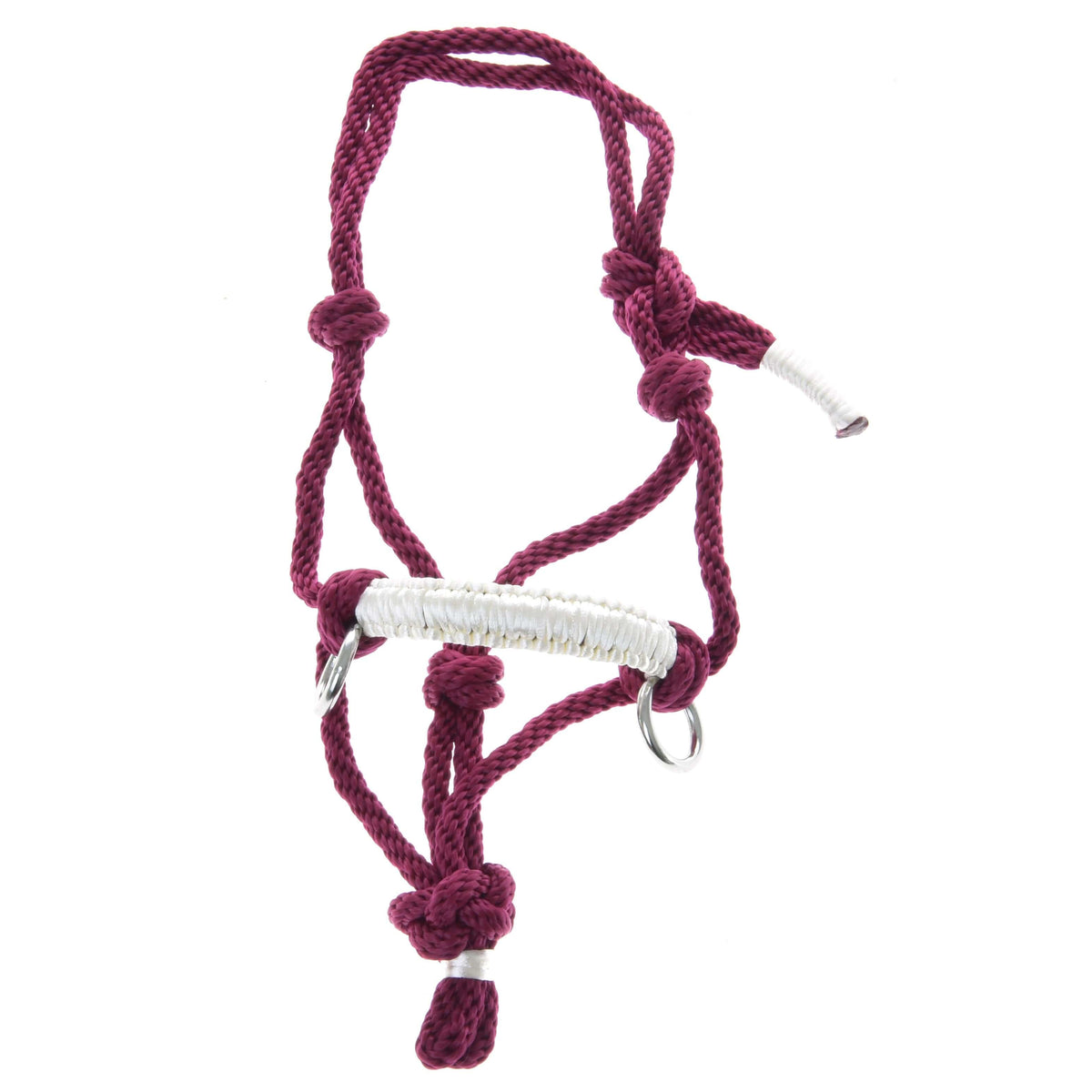 The Rope halter Czi-Czi by Hobby Horse LarDen is a maroon halter with a white wrapped noseband, silver rings, and multiple knots for adjustable fit—an ideal accessory for hobby horse enthusiasts and equestrians.