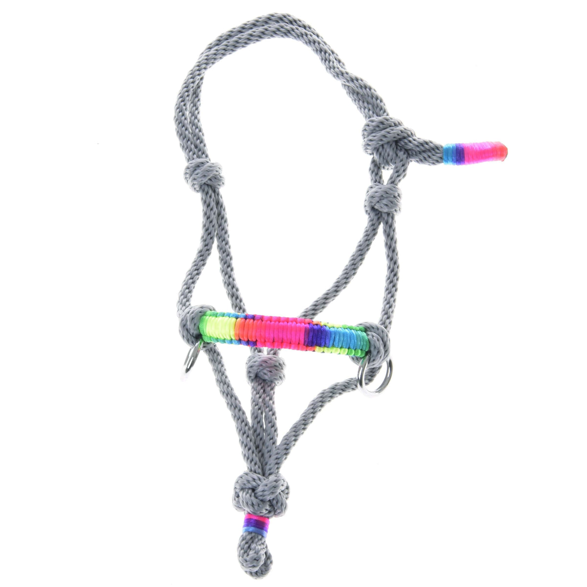 The Rope halter Manhattan by Hobby Horse LarDen is a gray rope halter with multiple knots, metal rings, and vibrant rainbow thread accents—an eye-catching hobby horse accessory shown on a white background.
