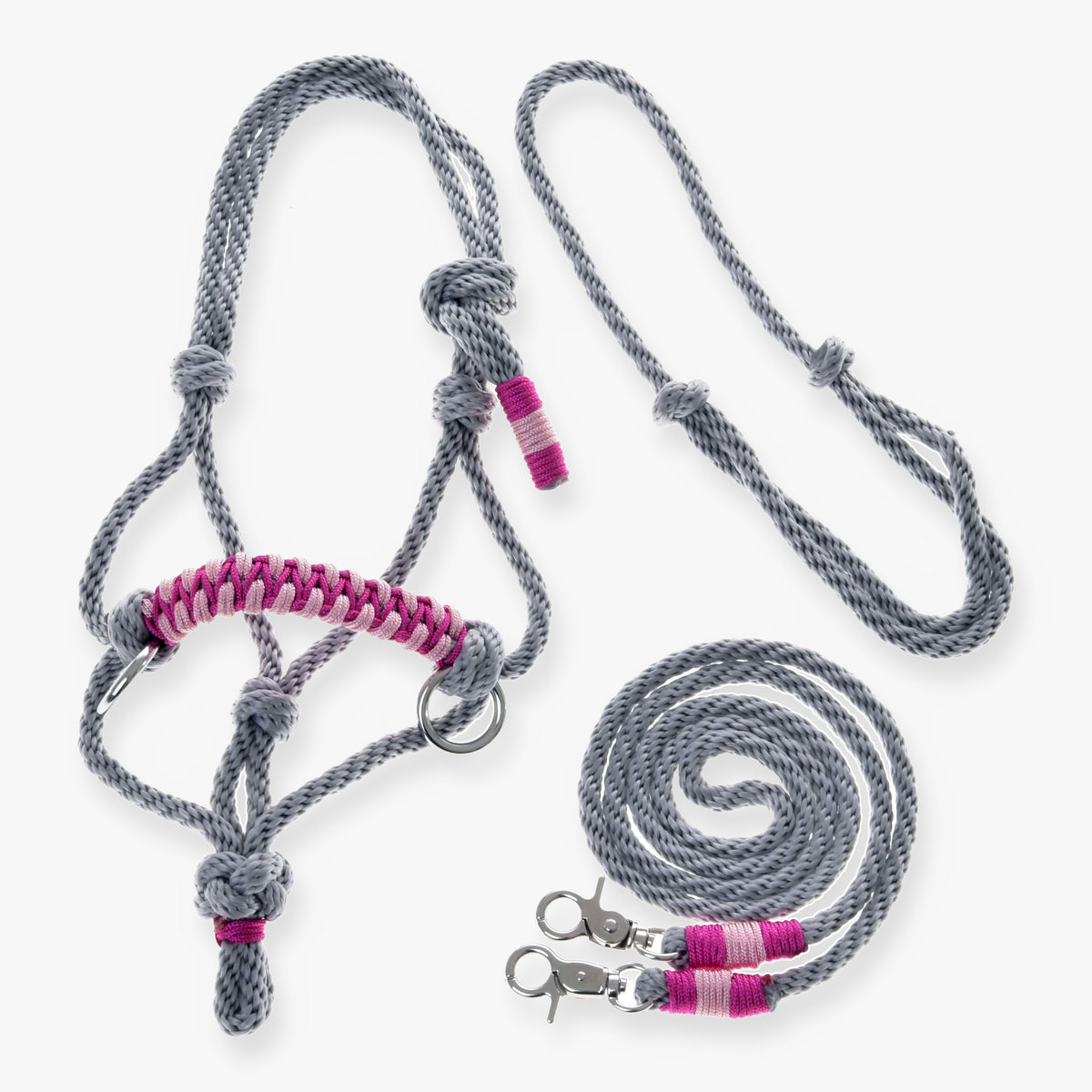 Hobby Horse Rope set Rosie by LarDen with gray paracord halter, pink braid and metal clips