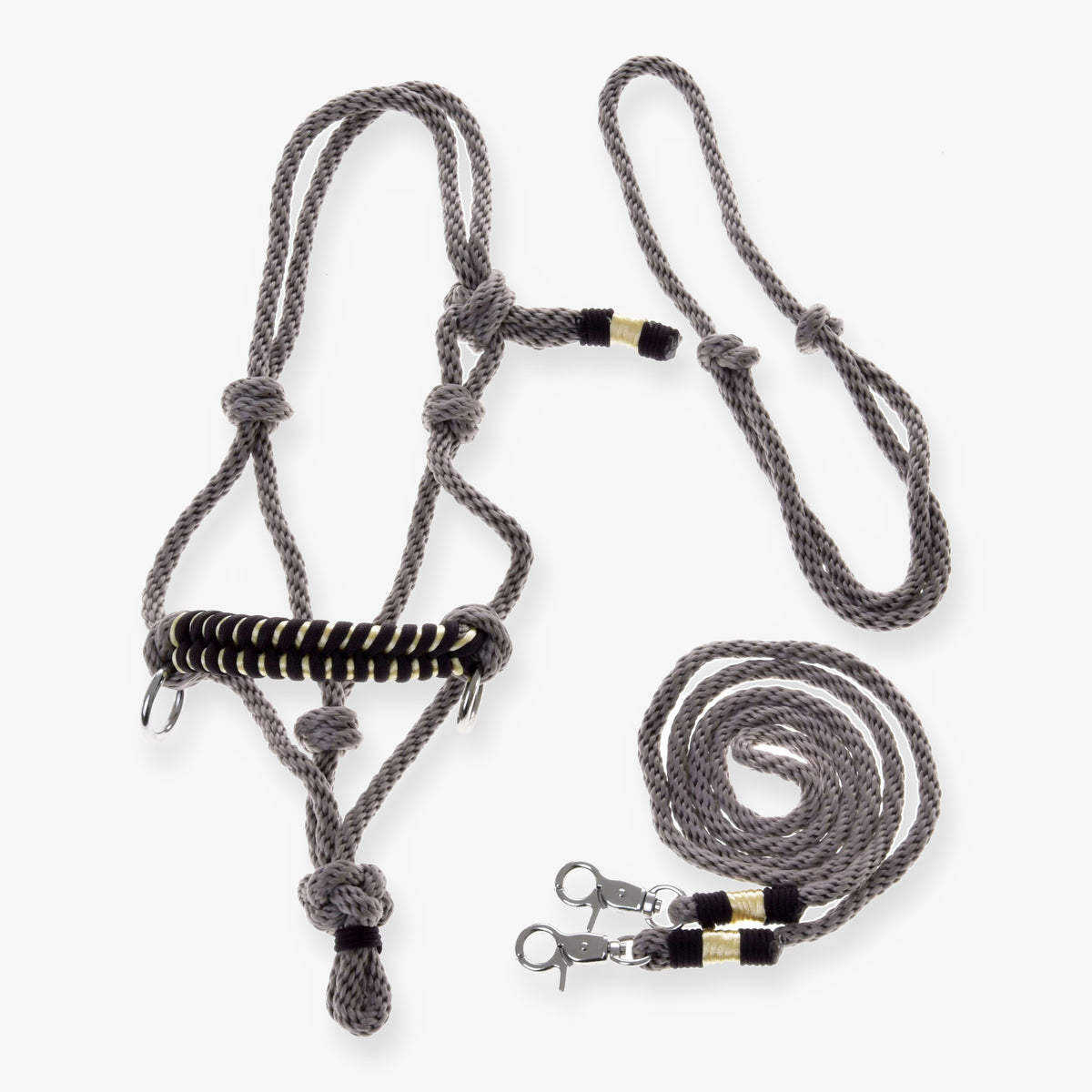 Hobby Horse Rope set Splendid by LarDen: taupe rope halter, neck ring and reins with dark brown and gold braided accents