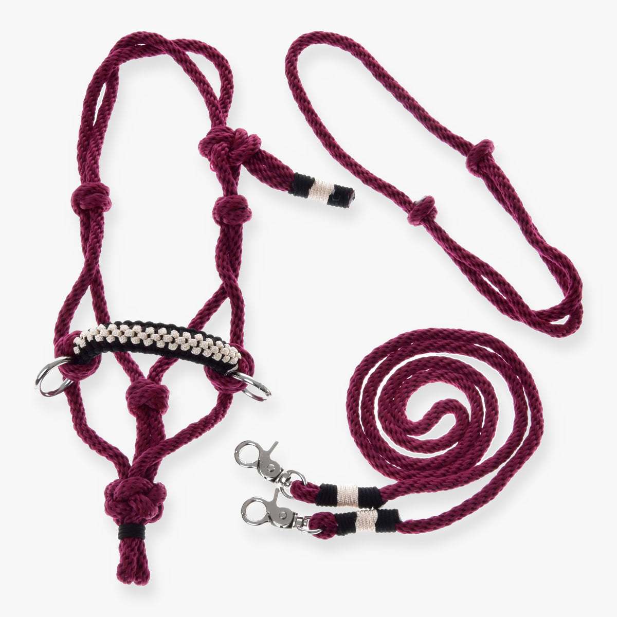 Hobby Horse Rope set Burgundy by LarDen with burgundy paracord halter, braided noseband and matching lead
