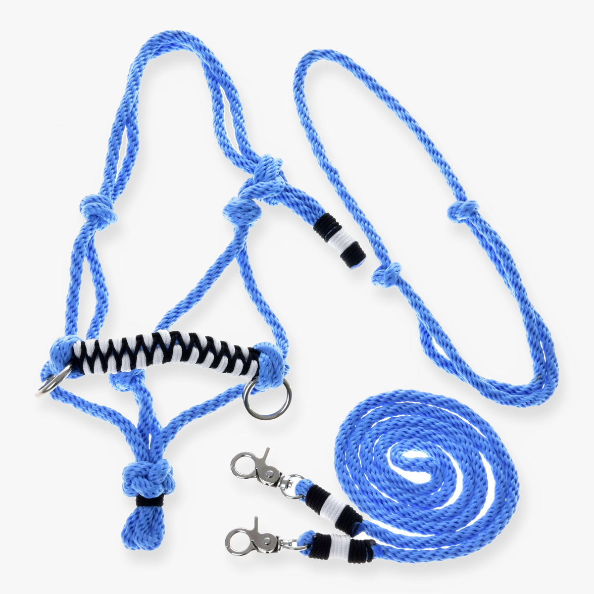 Hobby Horse Rope set Malibu by LarDen, blue paracord rope halter and matching lead with black and white wrap details