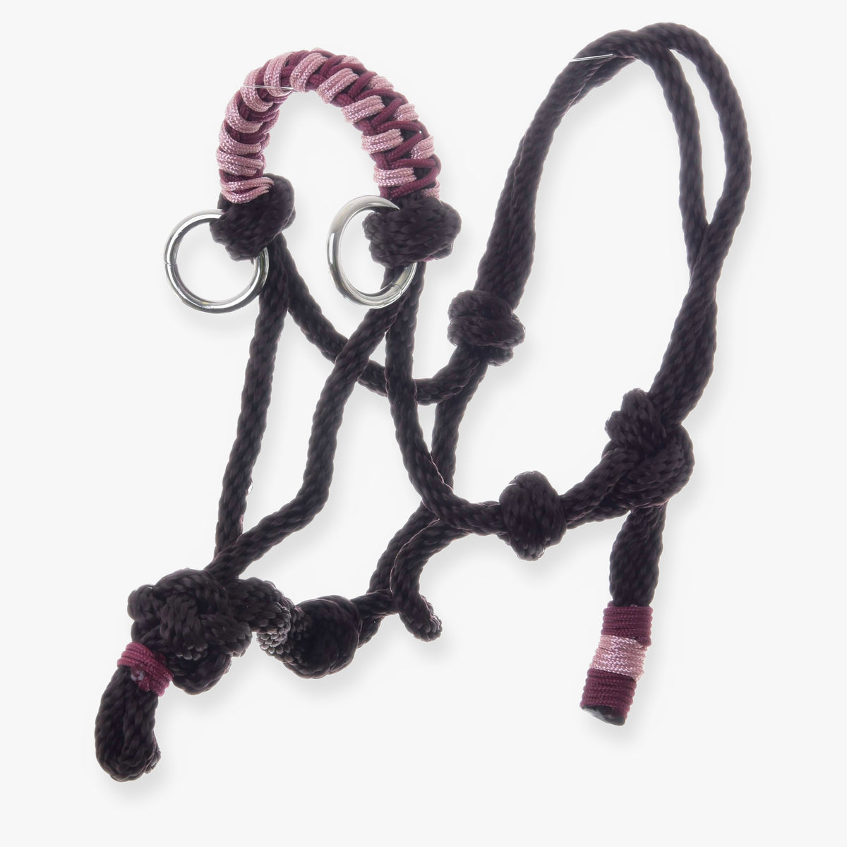 The Rope halter York by Hobby Horse LarDen is a black halter with silver rings and pink wraps, perfect for horses or as a hobby horse accessory, displayed on a white background.