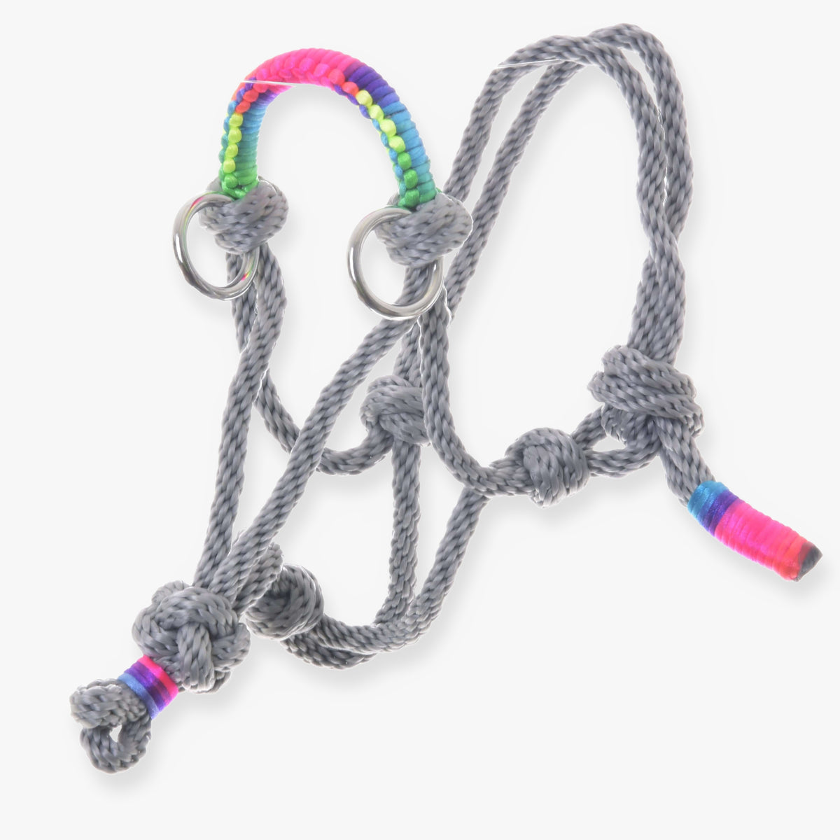 The Rope Halter Manhattan by Hobby Horse LarDen is a gray halter with rainbow-wrapped accents and metal rings, perfect as an accessory for any hobby horse.