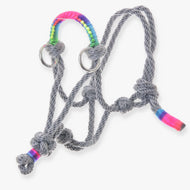 The Rope Halter Manhattan by Hobby Horse LarDen is a gray halter with rainbow-wrapped accents and metal rings, perfect as an accessory for any hobby horse.