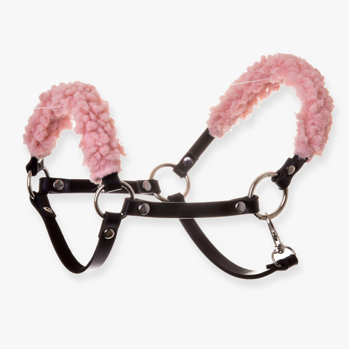 The Hobby Horse LarDen Black halter with old rose fur features black leatherette, large metal rings, and pink fleece padding on the noseband and crownpiece, shown on a white background.