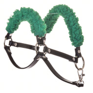 The Hobby Horse LarDen Black halter with green fur—made of leatherette and featuring silver hardware, plus thick green fur padding on the crown and noseband for comfort—is perfect for hobby horses.