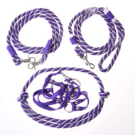 The Set Start Purple by Hobby Horse LarDen includes a halter, cordeo, lead rope, and reins in purple and white stripes—perfect as halter and leash or Hobby Horse accessories. All items are displayed on a white background.