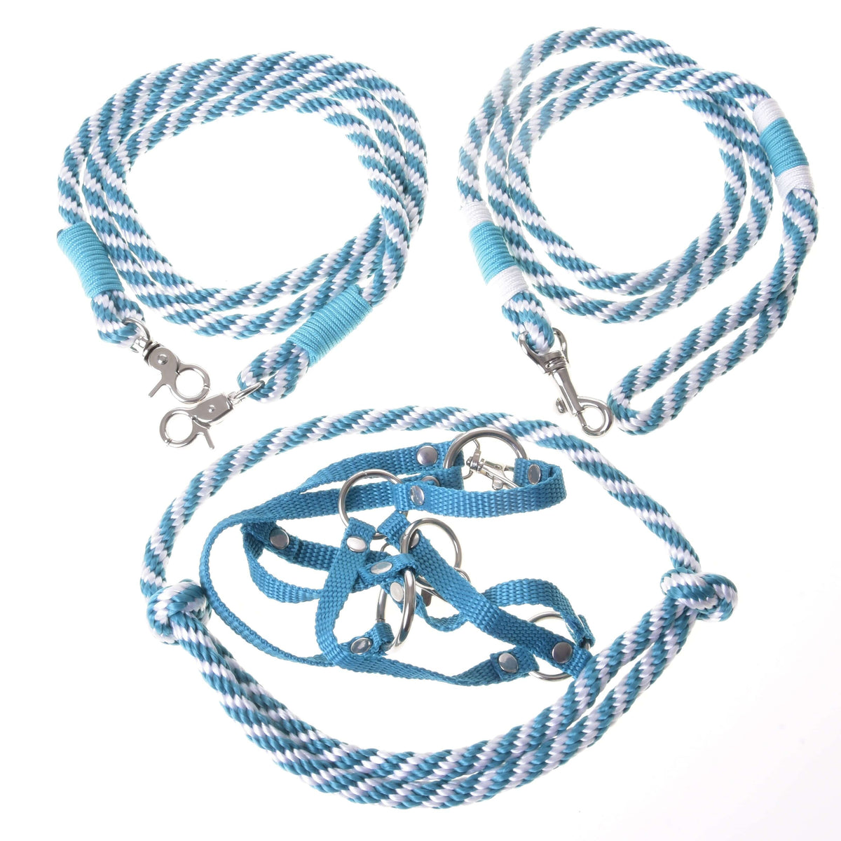The Hobby Horse LarDen Set Start Turquoise includes a halter, cordeo, lead rope, and reins—all matching turquoise with metal accents—making stylish accessories for hobby horses, displayed on a white background.