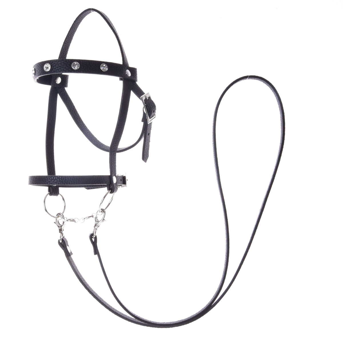 The Hobby Horse LarDen Complete black bridle with diamonds is shown against a white background. It features sparkling diamond accents, sturdy metal rings and buckles, and a stylish English noseband.