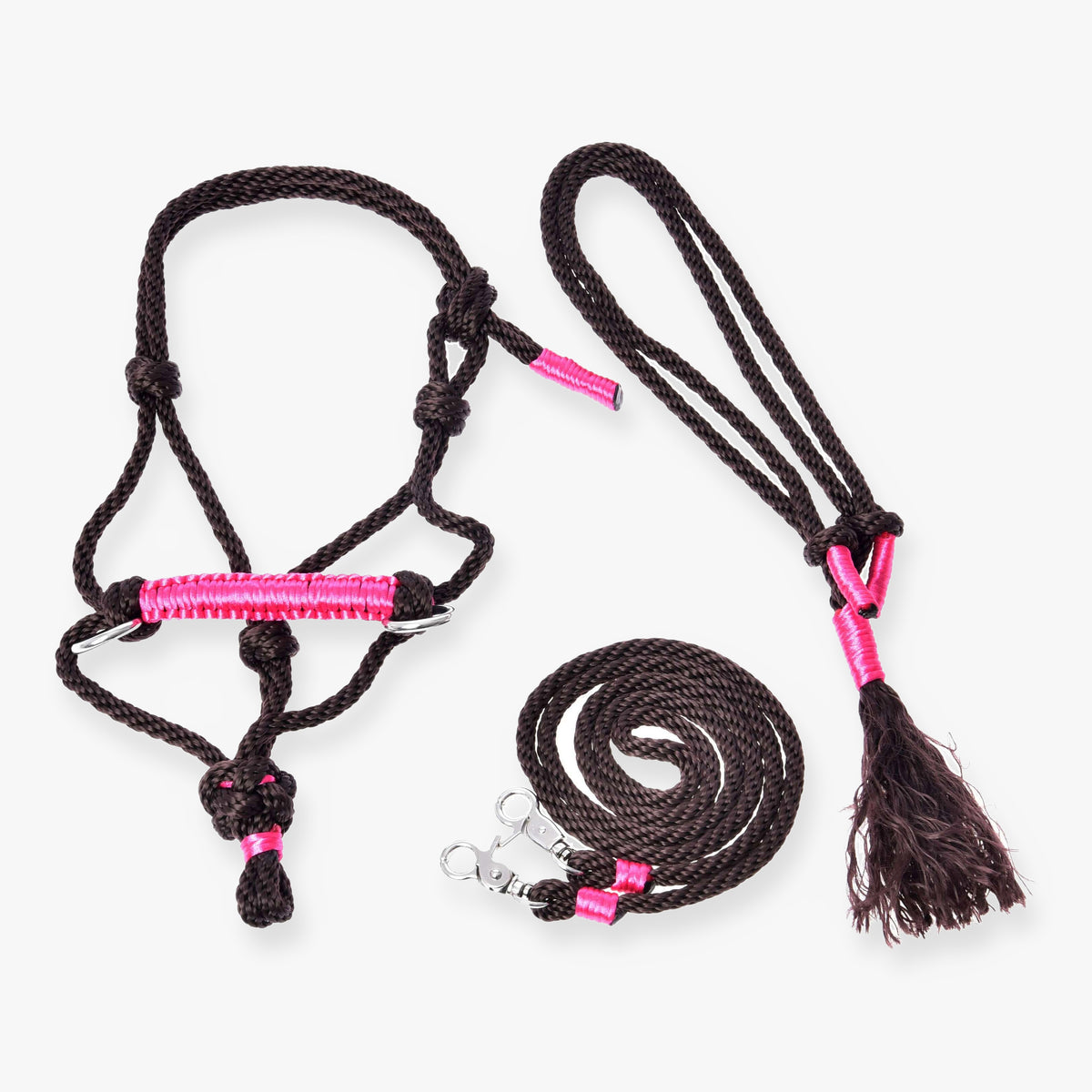 Hobby Horse Rope set Noir Cocoa by LarDen with brown rope halter, lead and bright pink wrapped details