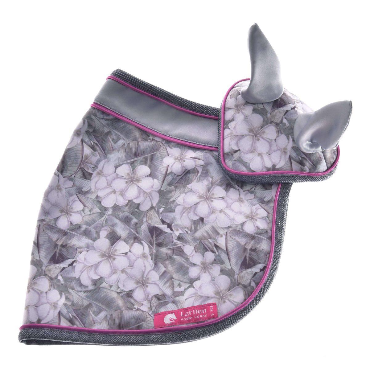 The Hobby Horse LarDen Set Grey Flower features a floral-patterned ear bonnet and matching saddle pad in gray and lavender with pink trim, creating a charming horse decoration, shown on a white background.