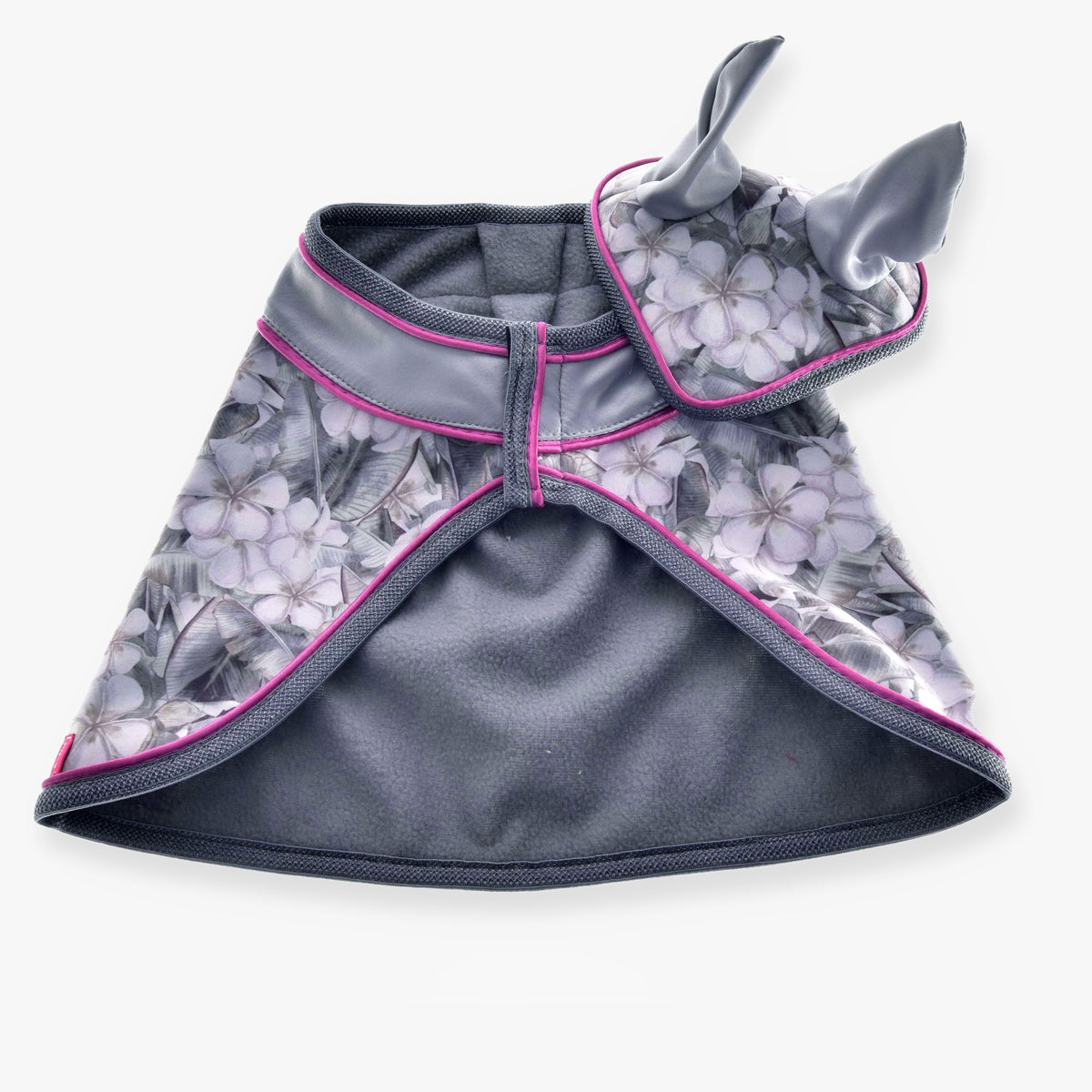 The Set Grey Flower by Hobby Horse LarDen is a gray, floral-patterned pet cape with pink trim and an attached hood featuring two upright bunny-like ears, displayed flat on a white background.