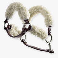 The Hobby Horse LarDen Brown halter with complete fur - leatherette features white fleece padding on the noseband, crown, and cheeks, ideal for a Hobby Horse and shown against a white background.