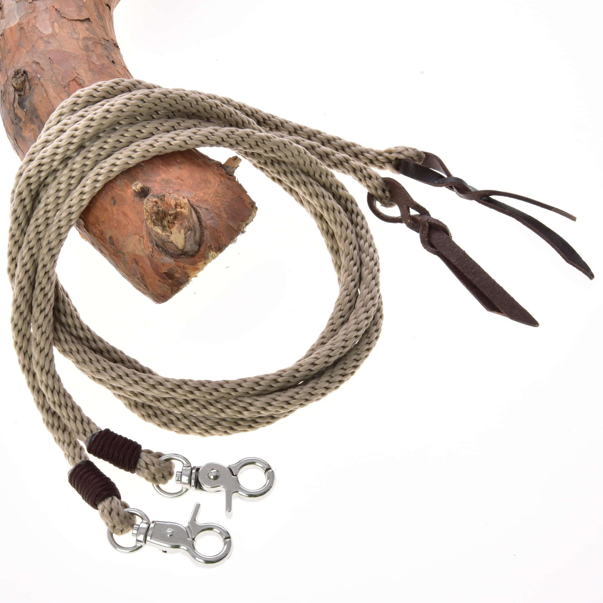 Hobby Horse Split Western Reins Dallas by LarDen, beige braided rope with brown leather ends and silver snap hooks