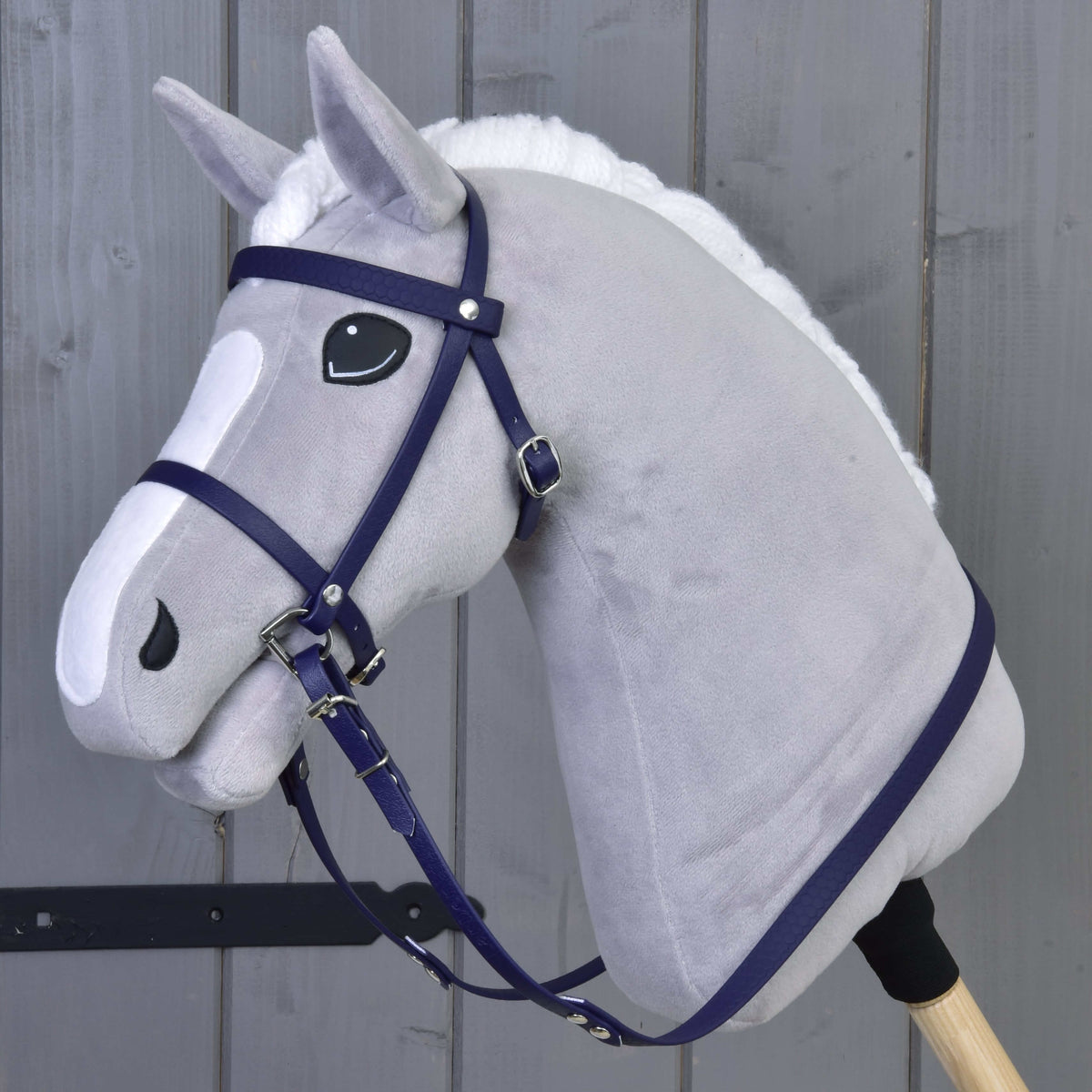 Complete bridle with noseband Dark Purple by LarDen with reins on a grey Hobby Horse with white blaze and mane