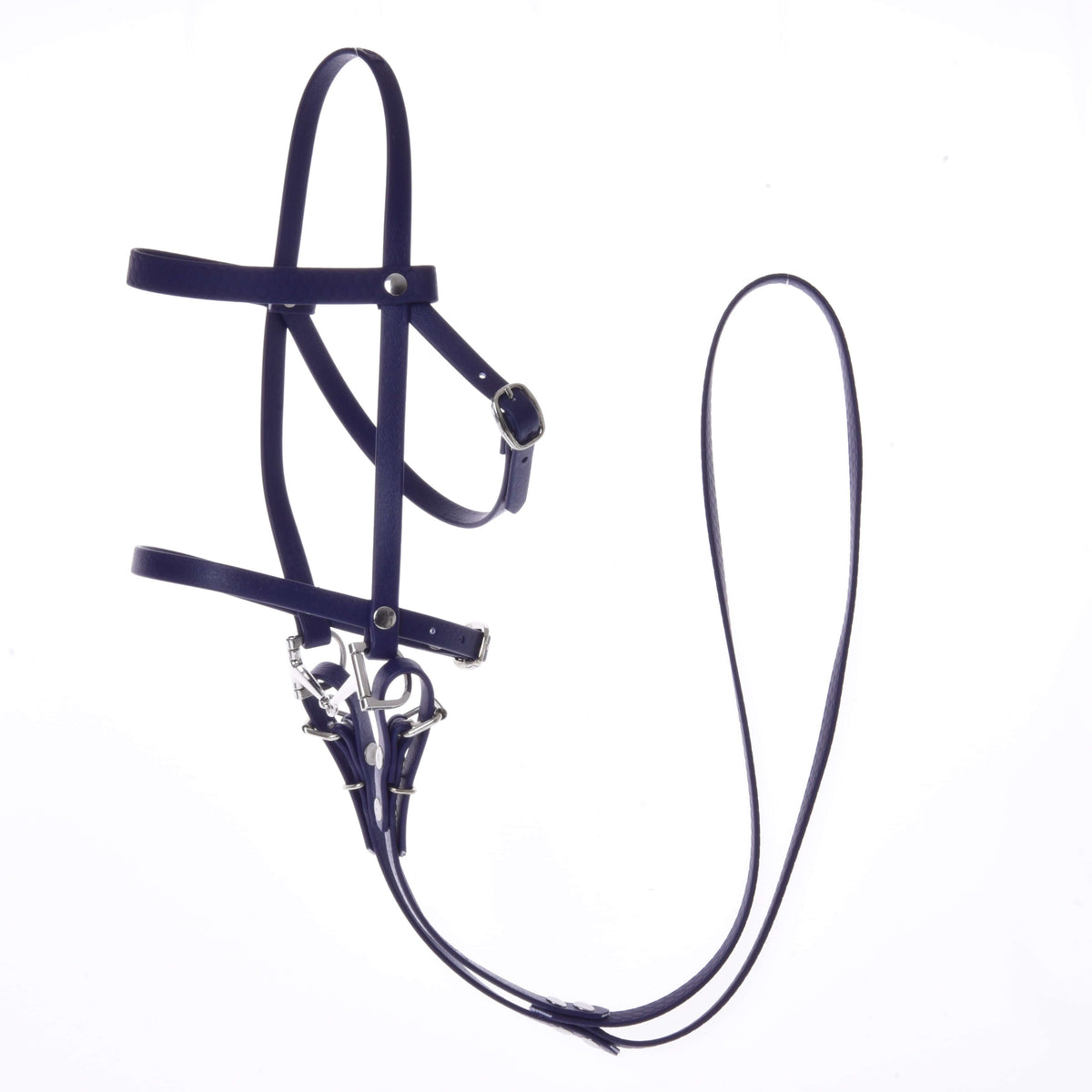 Dark purple leatherette Hobby Horse bridle with noseband, silver buckles and long reins on a white background