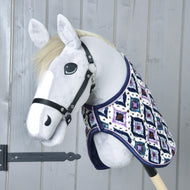 Hobby Horse Blanket Indian worn by a grey Hobby Horse with blue and white geometric pattern