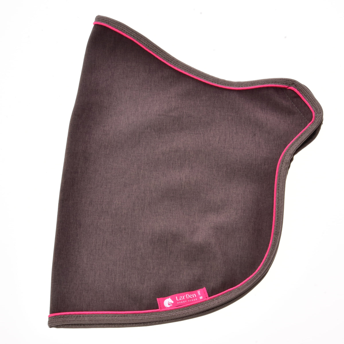 Side view of the brown Hobby Horse blanket with bright pink piping and visible LarDen label
