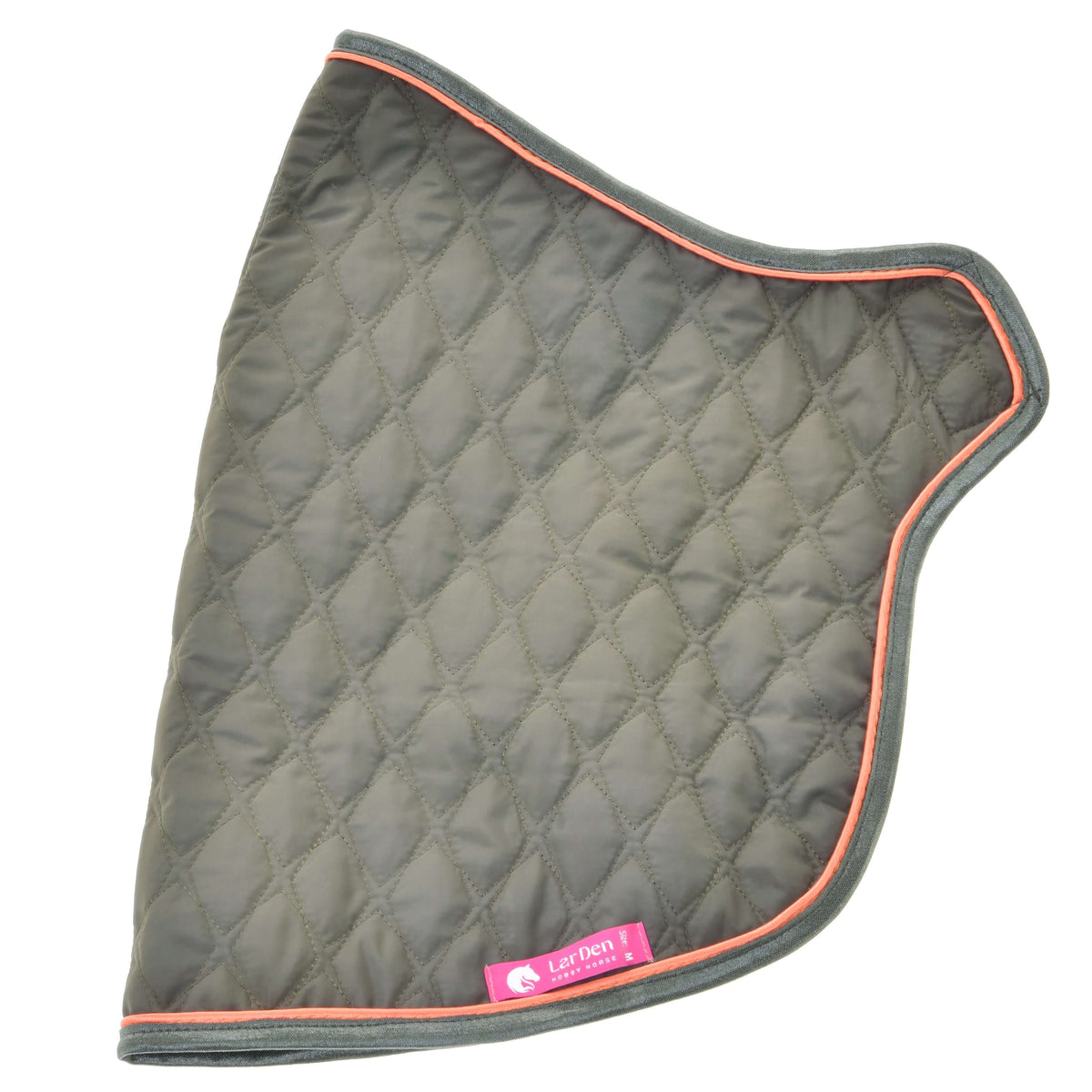 The Blanket Sport by Hobby Horse LarDen is a quilted, dark green blanket featuring diamond stitching, rounded edges, orange trim, and a small pink label with white text sewn near one corner.