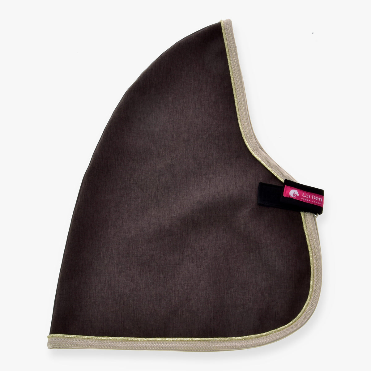 Hobby Horse stalddækken Brown Majesty fra LarDen i meleret mørkebrunt stof med beige kantbånd og guldglimmer