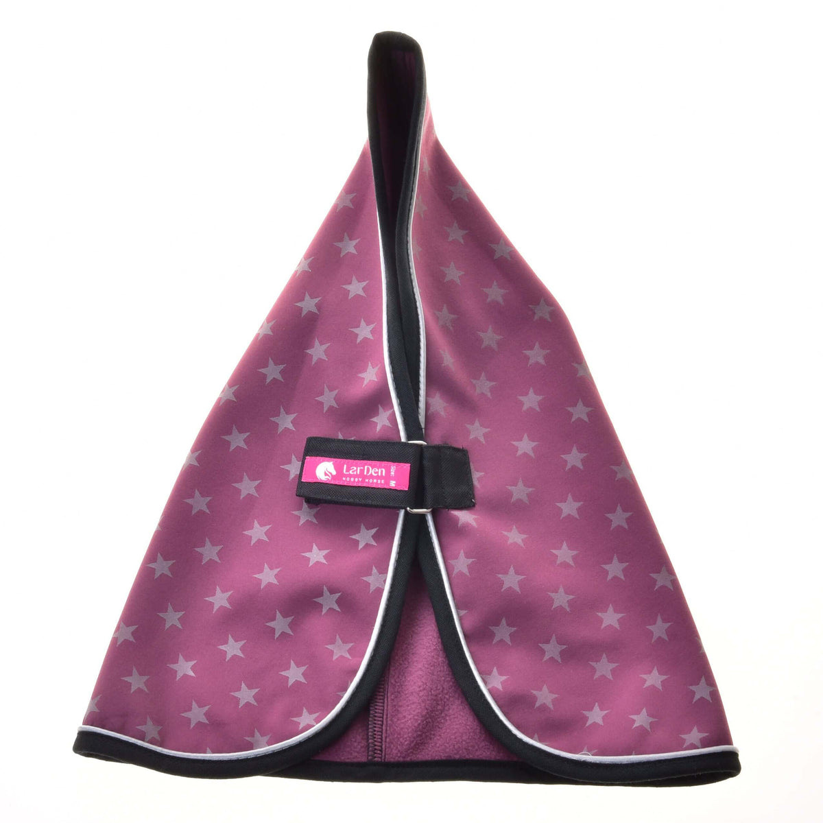 A Stable Blanket Purple by Hobby Horse LarDen with light gray stars, black trim, and a pink Lorentz label on the Velcro strap, displayed flat on a white background.