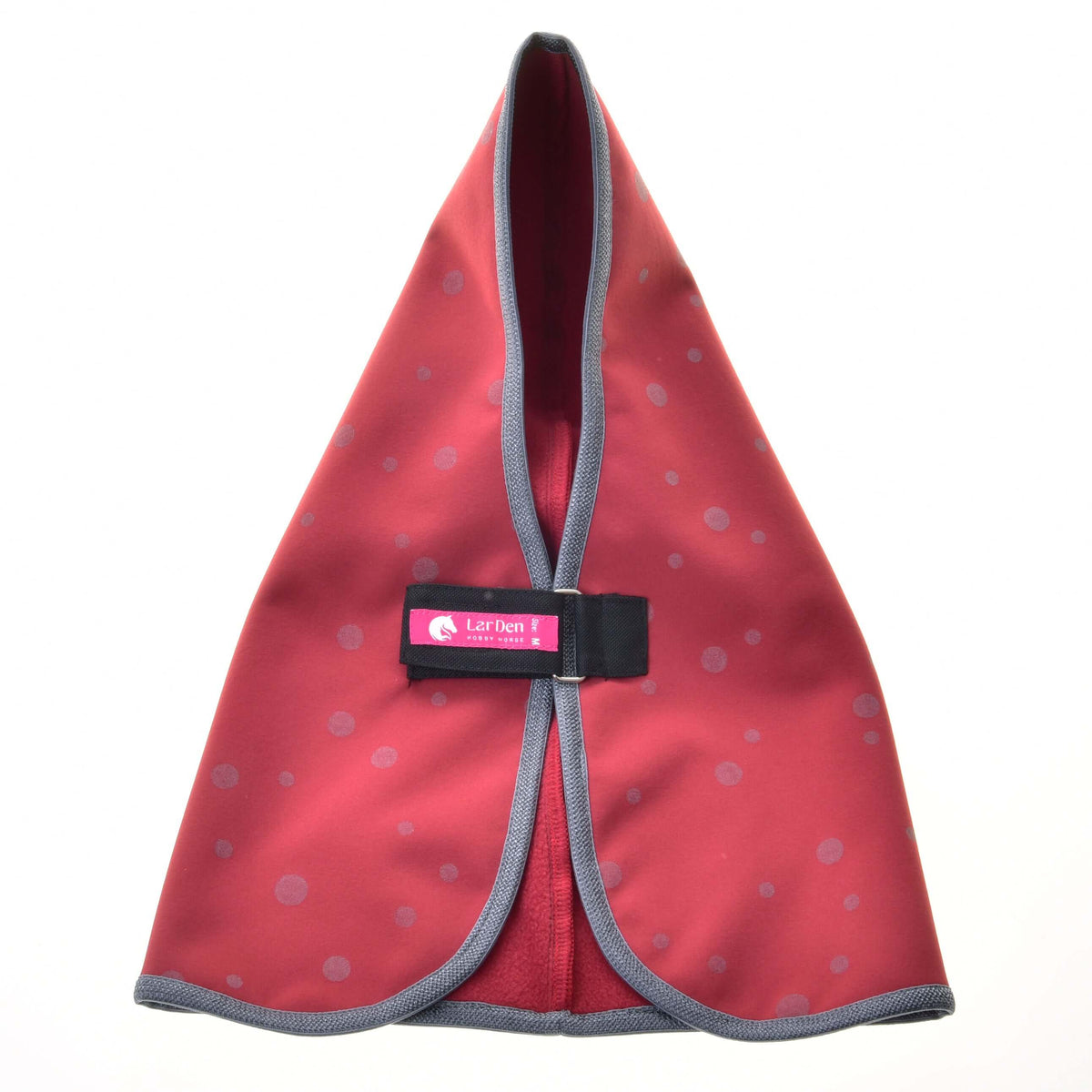 The Stable Blanket Raspberry by Hobby Horse LarDen is a red, triangular bandana with gray trim and polka dots, ideal as a stylish blanket for hobby horses or for protection during training.