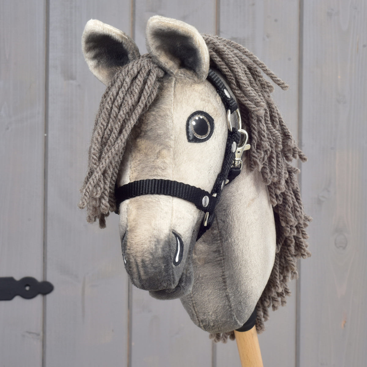 Hobby Horse Dusty from the front, shaggy yarn forelock between the grey ears and a black halter with silver rivets