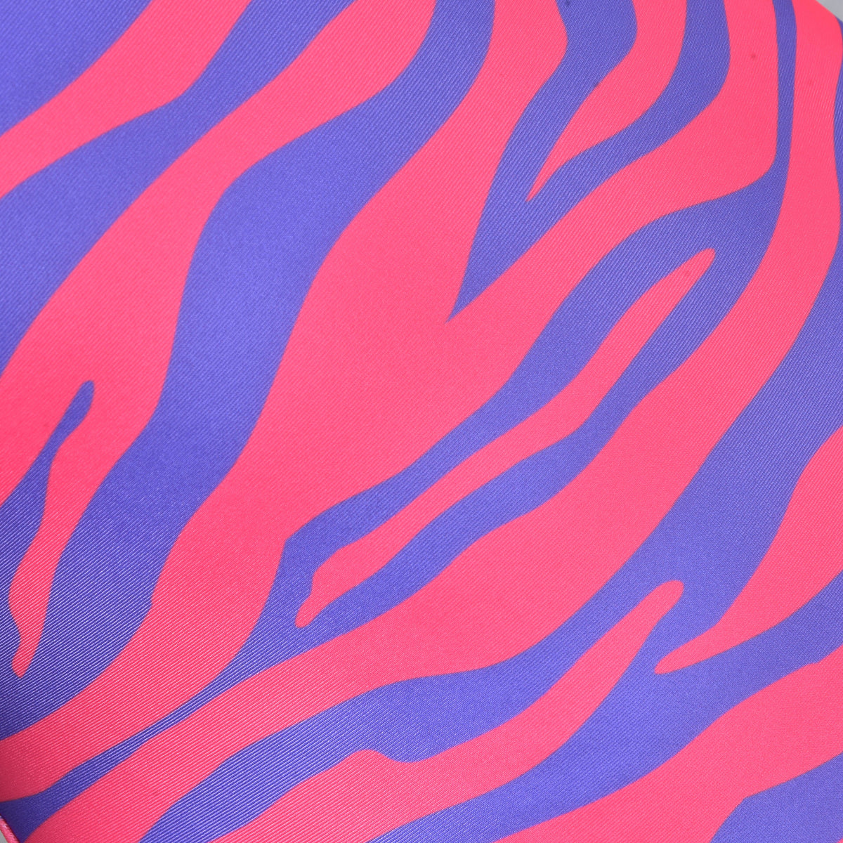 Close-up of pink and purple striped lycra fabric on the Hobby Horse protective suit