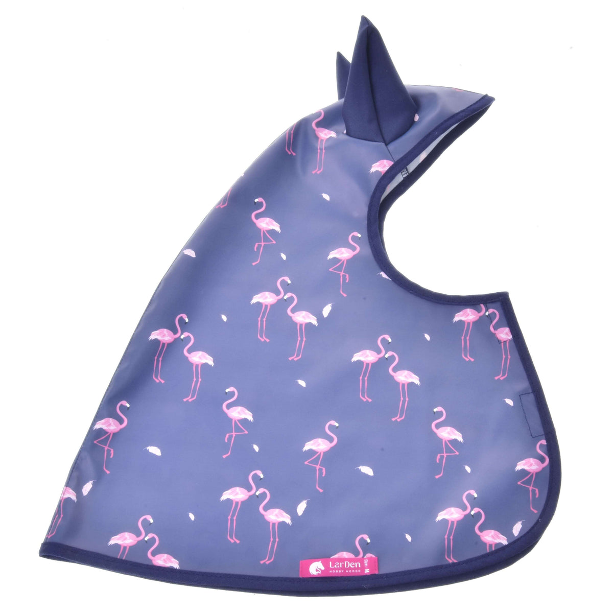 The Hobby Horse LarDen Raincoat Flamingo is a blue ear bonnet with a pink flamingo pattern, white feather accents, two ear covers, and a bottom-edge label. Designed for all-weather use.