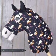 The Hobby Horse LarDen Protective Suit Lycra Flamingo features a lycra cover with orange and white flamingos on a dark background, mounted on a wooden stick against a wood-paneled wall.