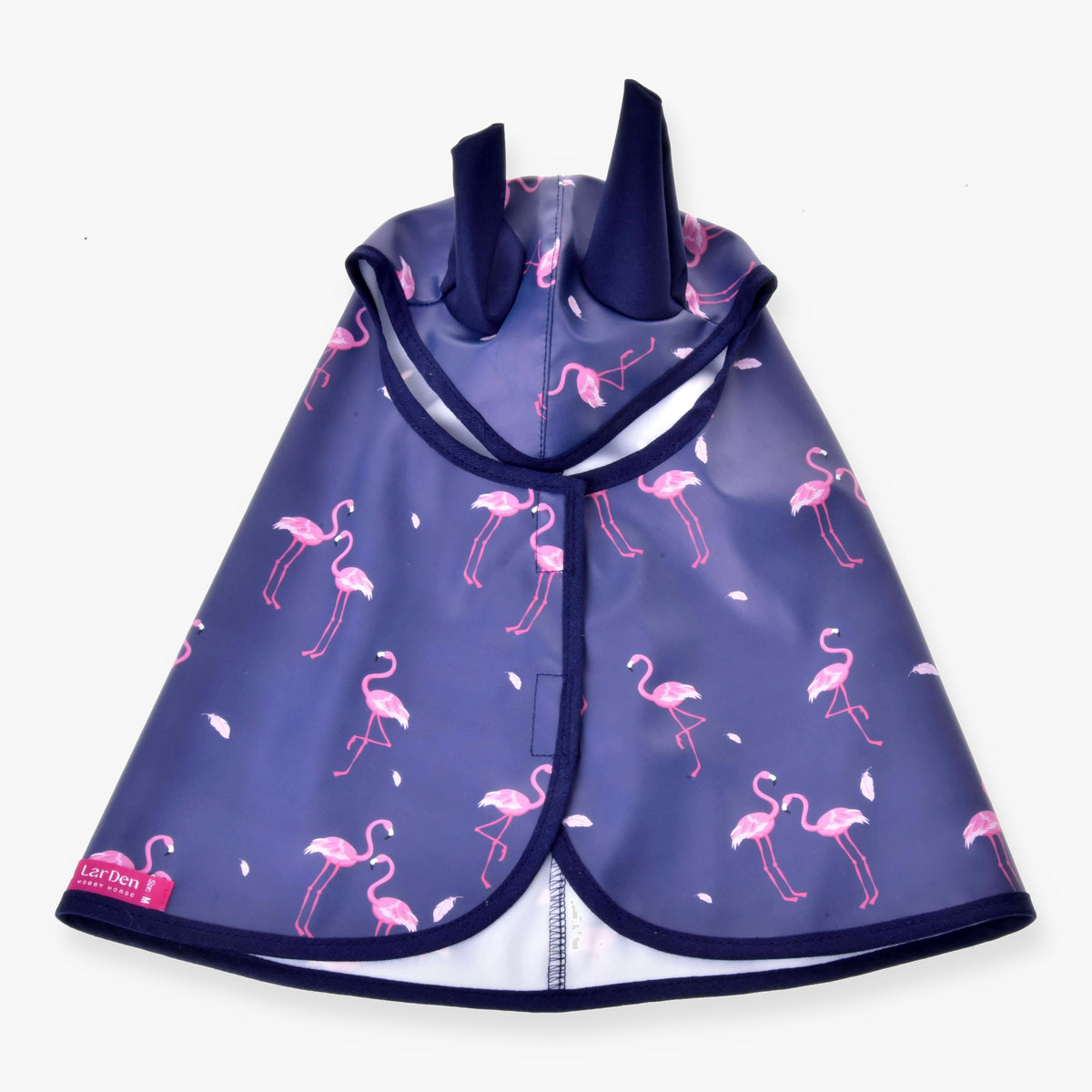 Hobby Horse Raincoat Flamingo by LarDen in purple PES with pink flamingo print and ear openings