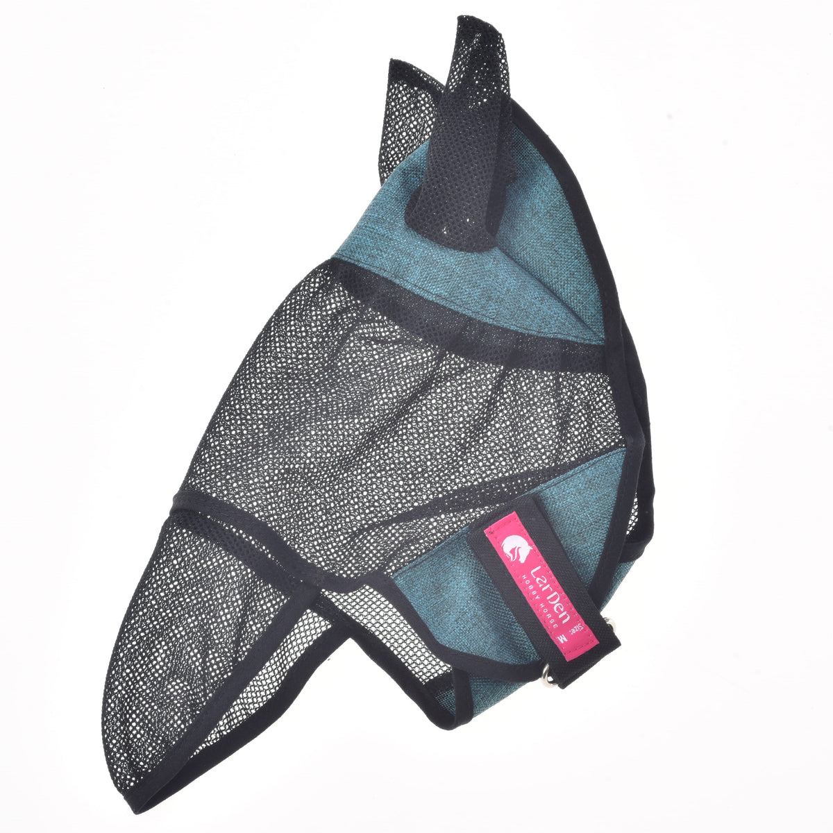 The turquoise fly mask laid flat from the side, mesh ears, long nose piece and a pink LarDen label on the cheek strap